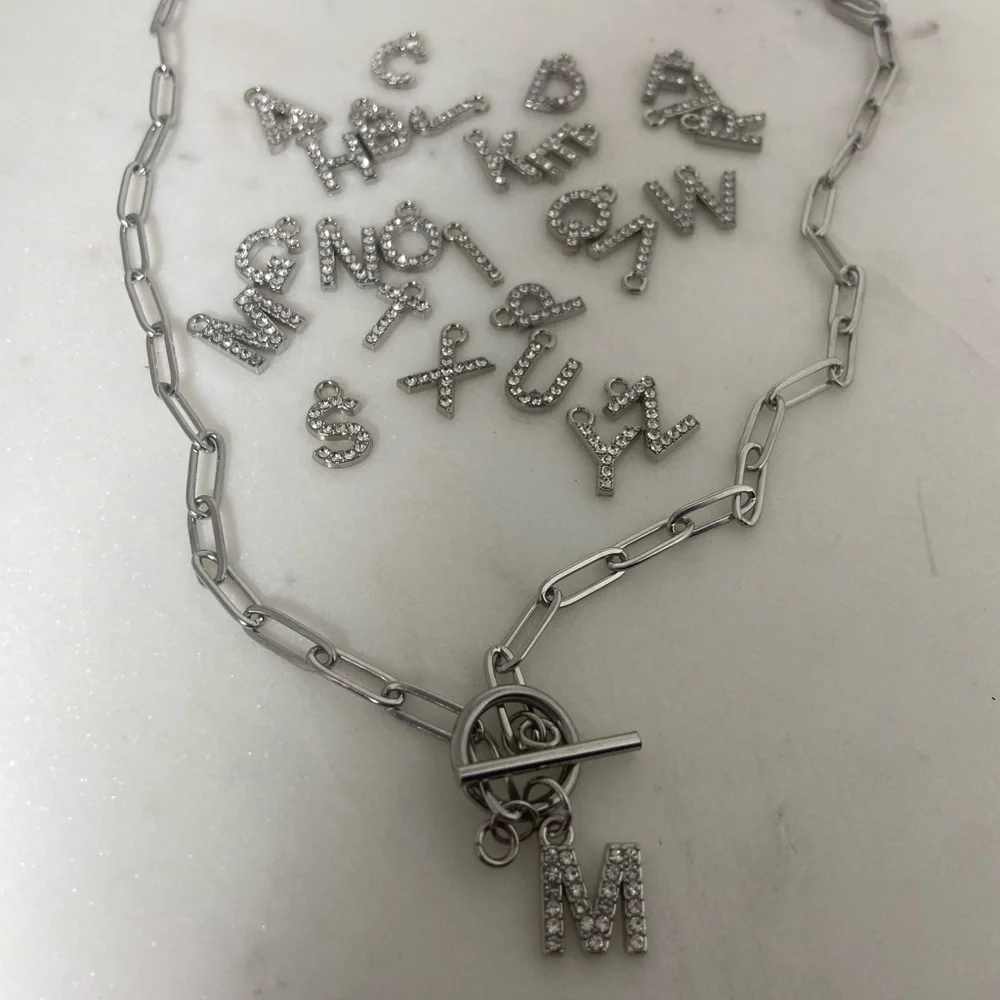 Alphabet Rhinestone Letters Toggle Silver Necklace - Picture 3 of 4